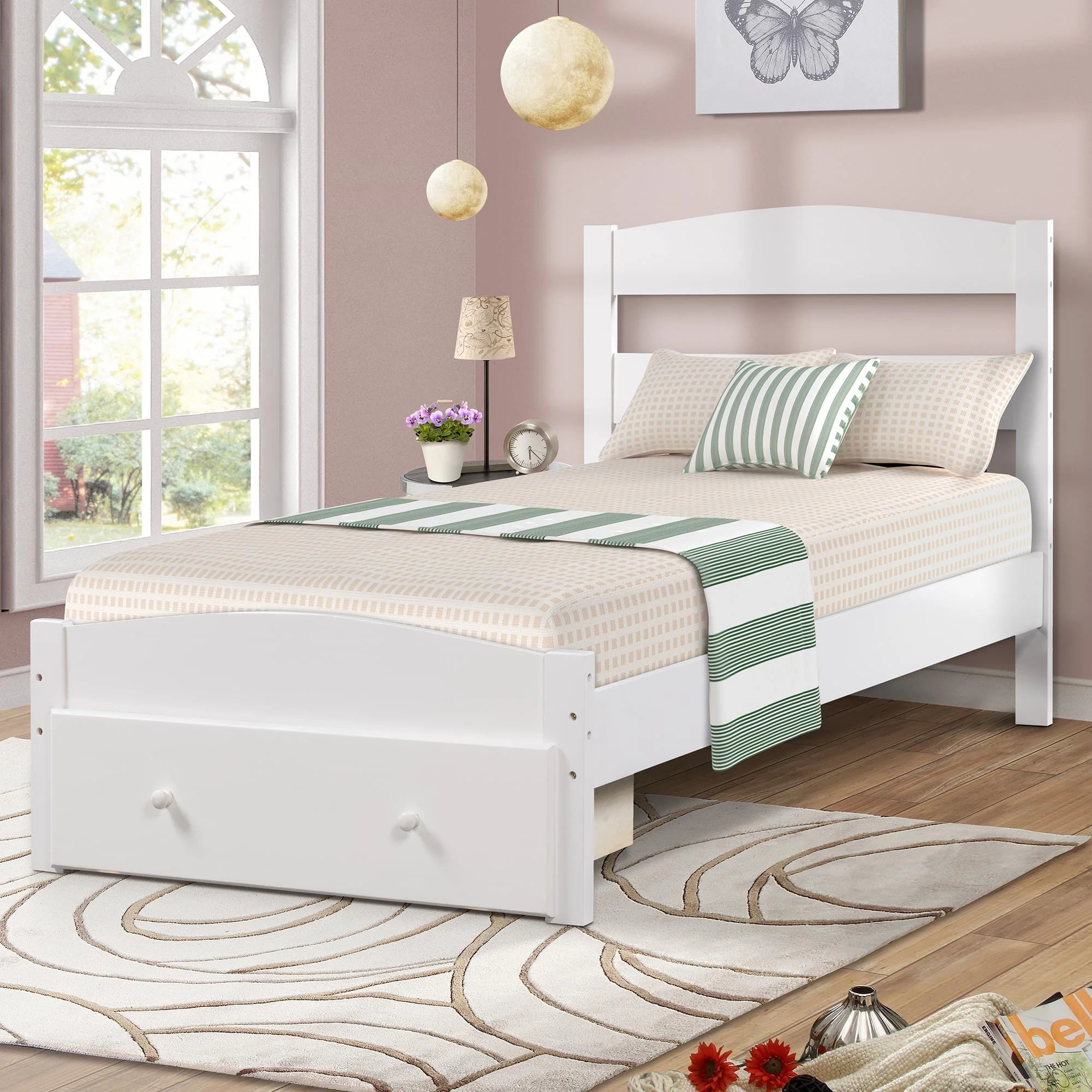 Twin Bed for Kids with Storage Drawer, Upgrade Pine Wood Bed Frame with Headboard and Footboard, Modern Kids Bed Furniture for Bedroom, Holds 275 lb, No Box Spring Needed, White