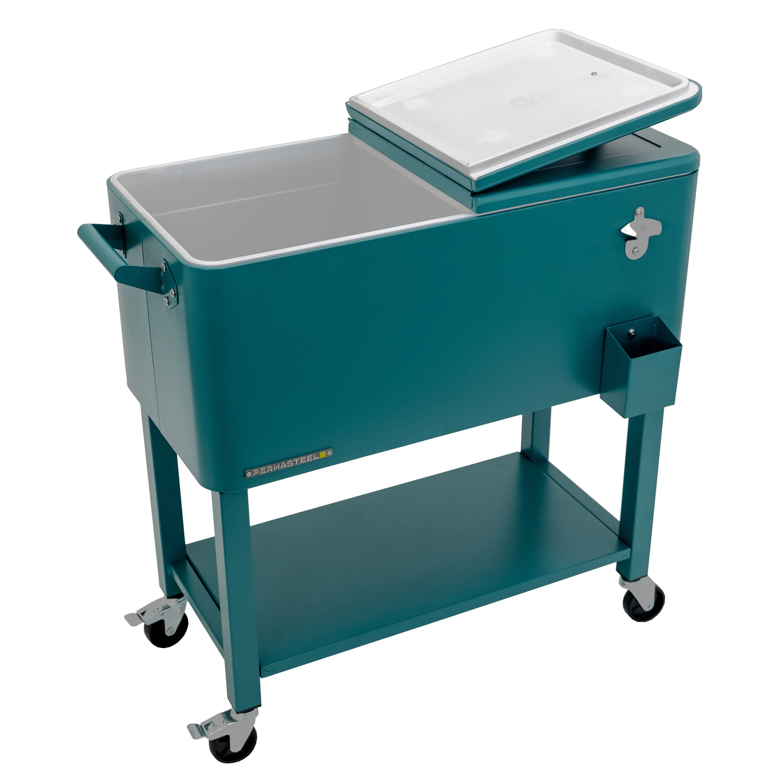 Permasteel 80-Qt Outdoor Steel Patio Cooler with Removable Basin, Rolling Cooler with Wheels, Teal Green