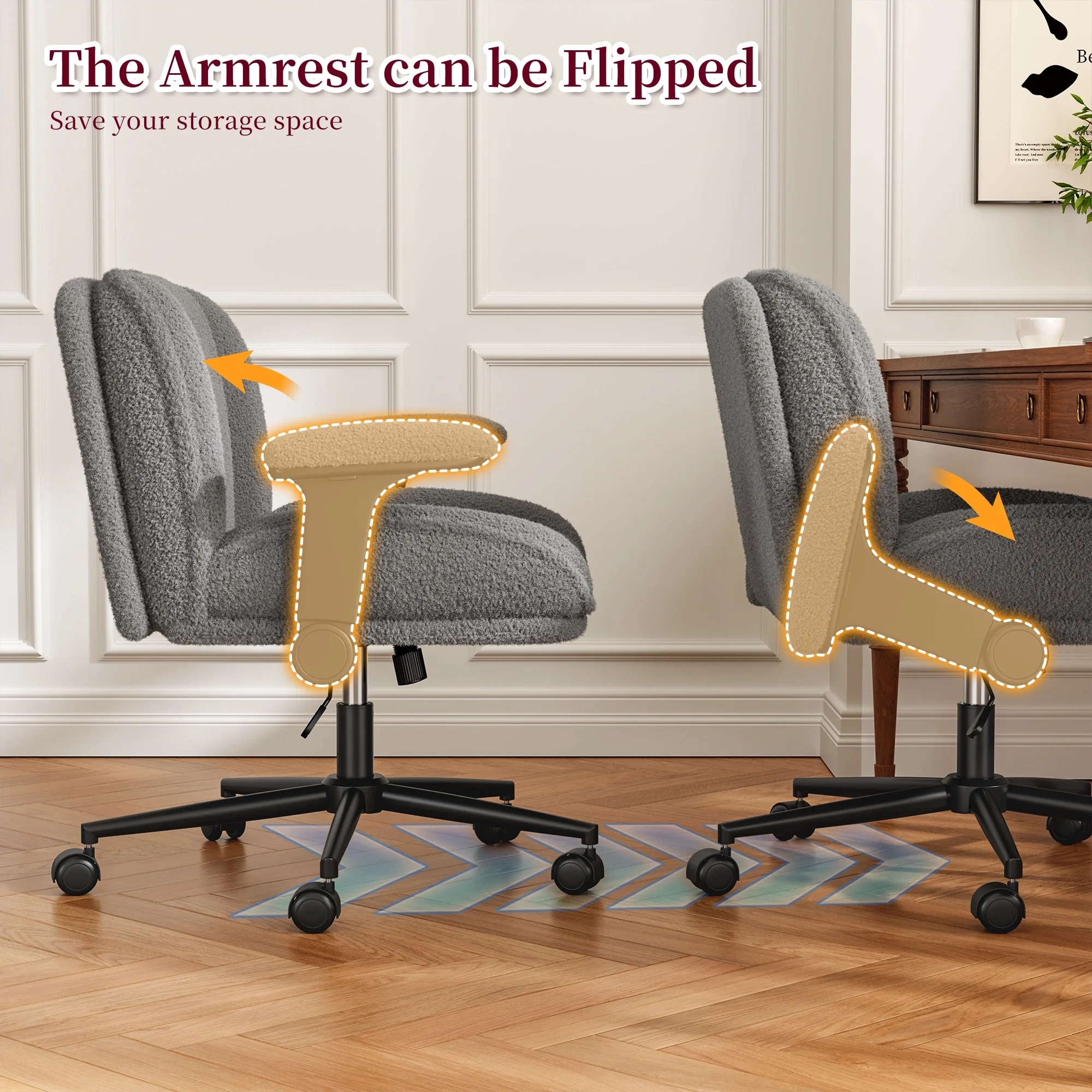 Romorgniz Criss Cross Chair with Adjustable Arms & Lumbar Support Office Chair with Reclining Back, Thick Cushion & Wheels for Office, Gaming, Reading, Vanity, Off-White