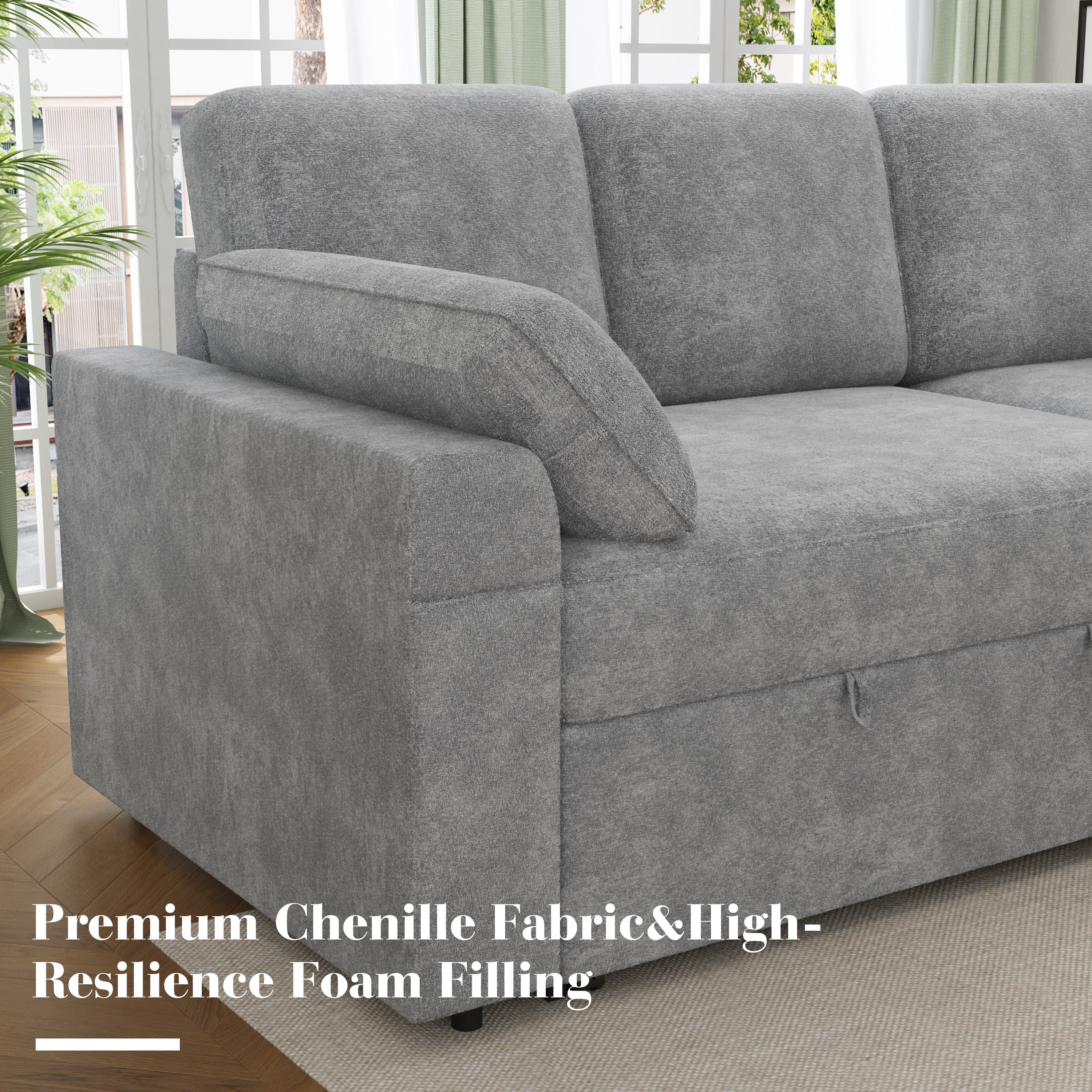 VANACC Sofa Bed, Adult Sleeper Sofa with Storage Chaise, Pull Out Couch for Bed Room, Gray Chenille