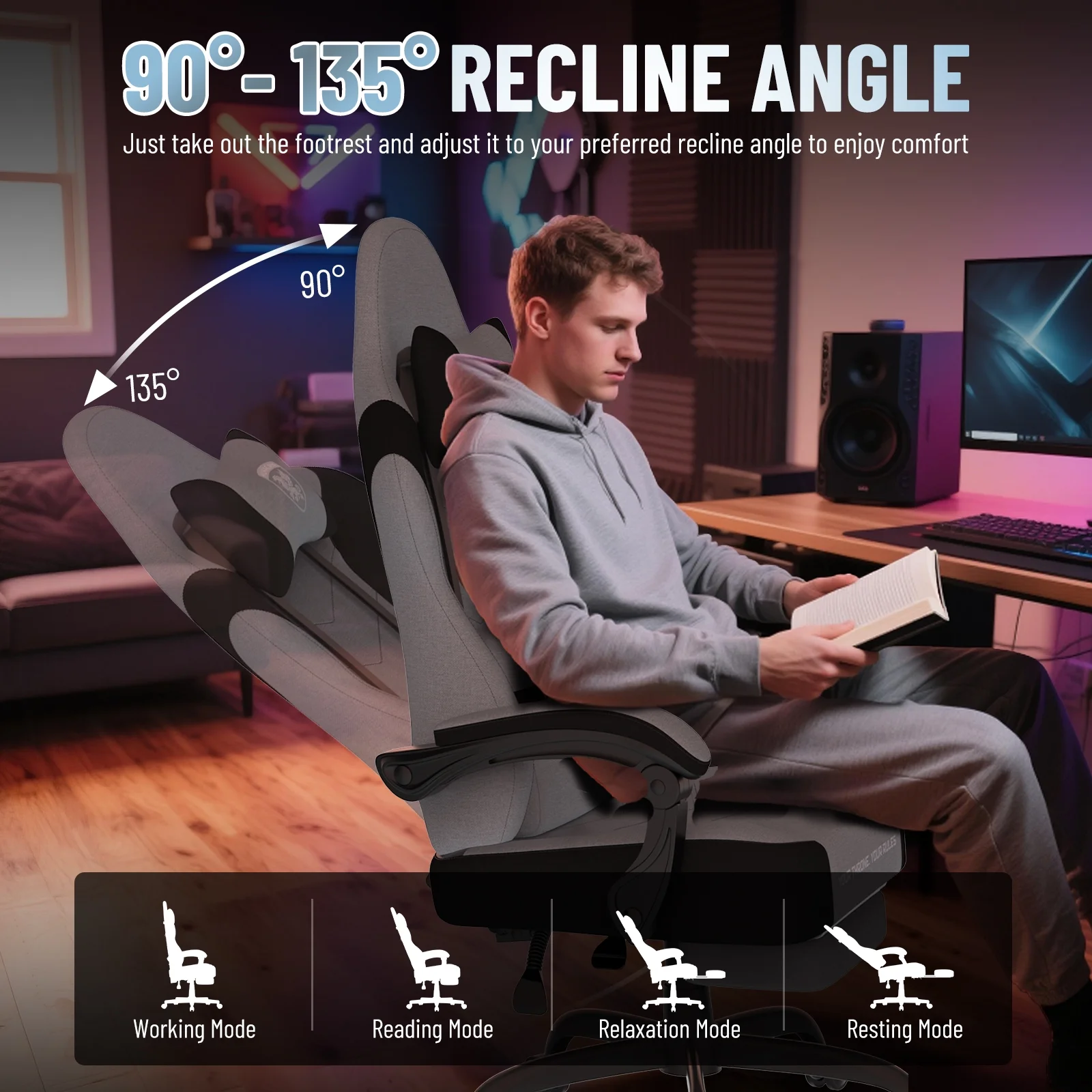 SOONTRANS Gaming Chair for Adults, Ergonomic Linen Fabric Computer Chair with Massage Lumbar Pillow, Gamer Game Chair with Adjustable Headrest, Comfortable Office Chair for Home, White