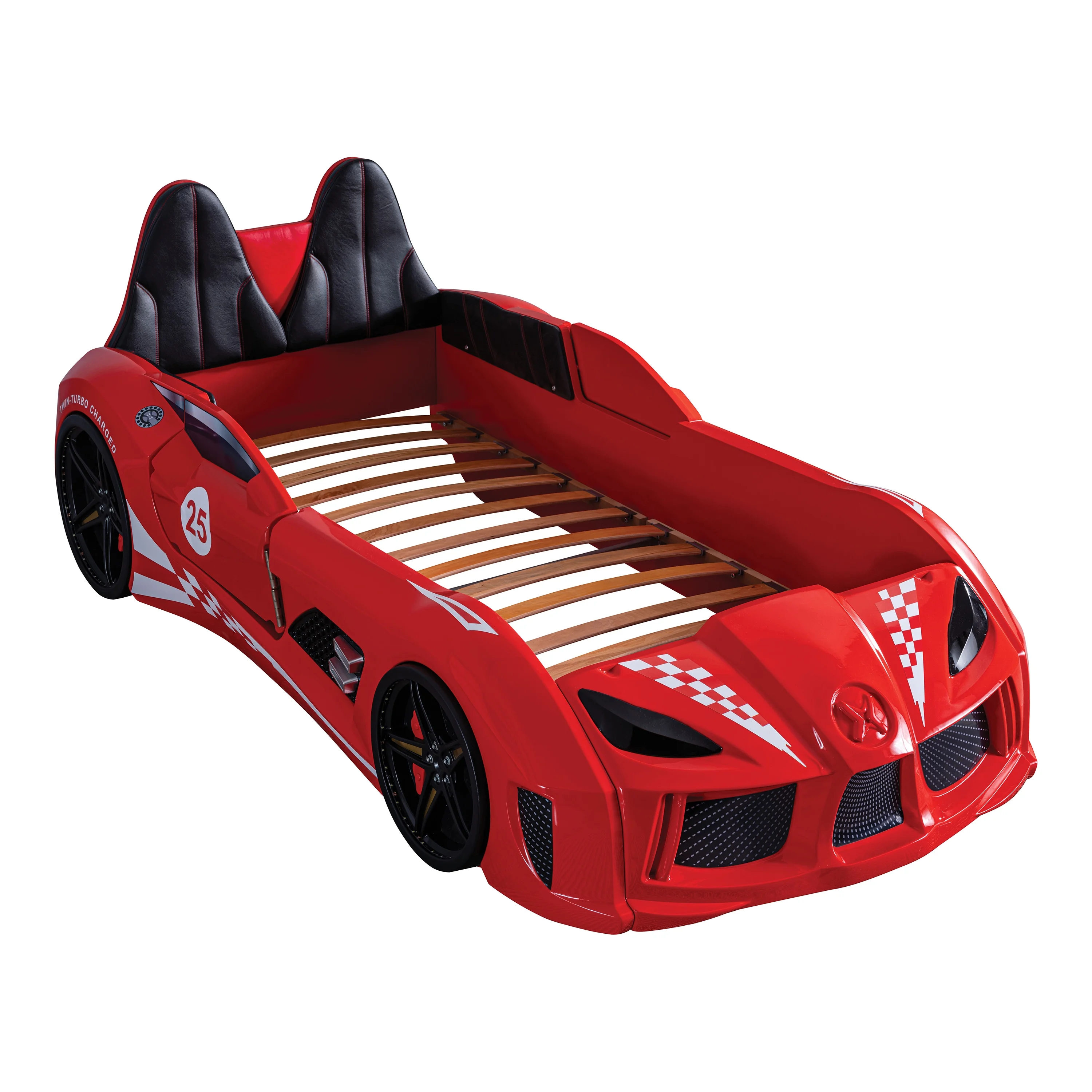 Furniture of America Dash Kids Plastic Twin Race Car Bed with LED and Sound, White
