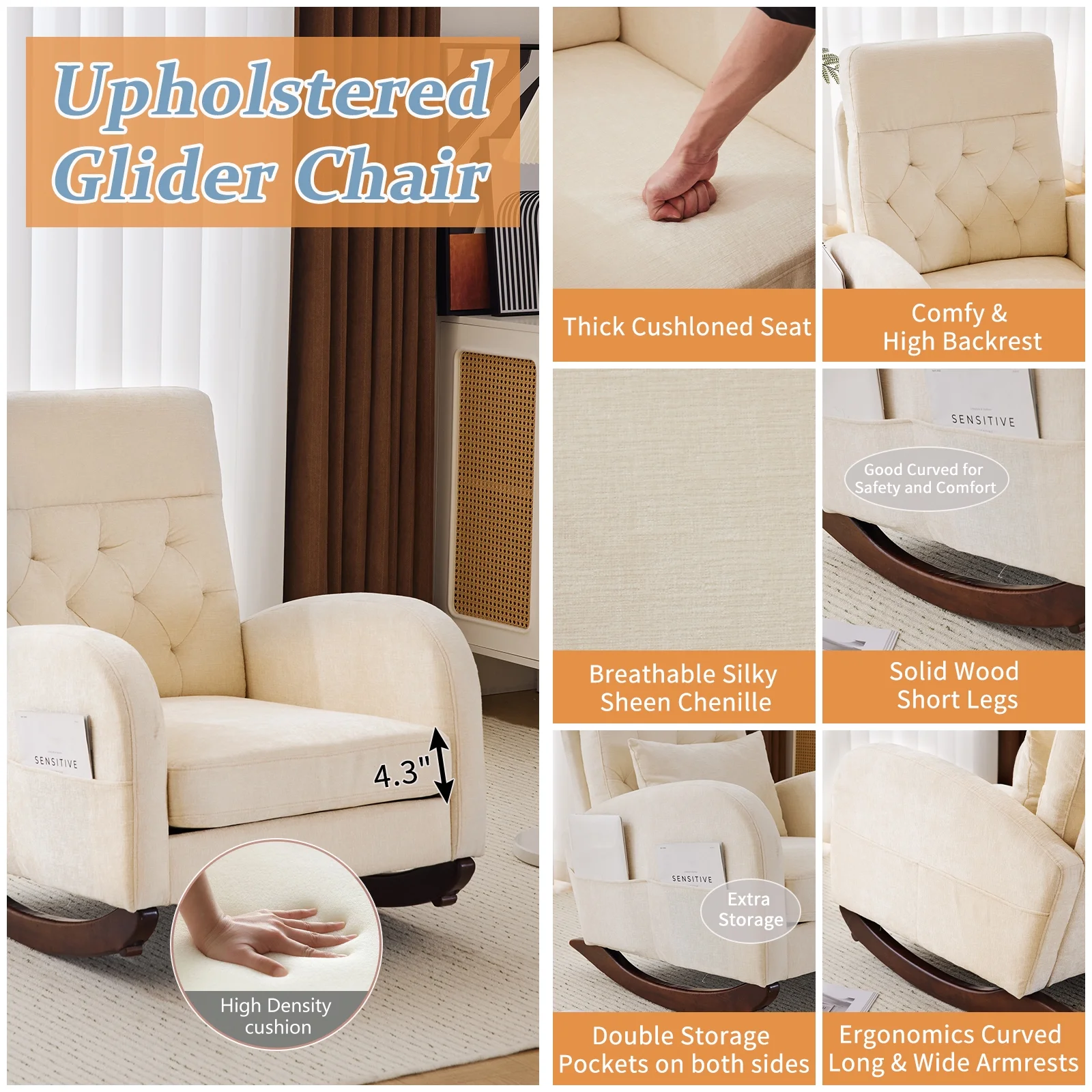 Ktaxon Rocking Accent Chair Glider Reading Chair Comfy Teddy Velvet Upholstered Single Sofa Rocker for Living Room, Nursery, Bedroom Beige