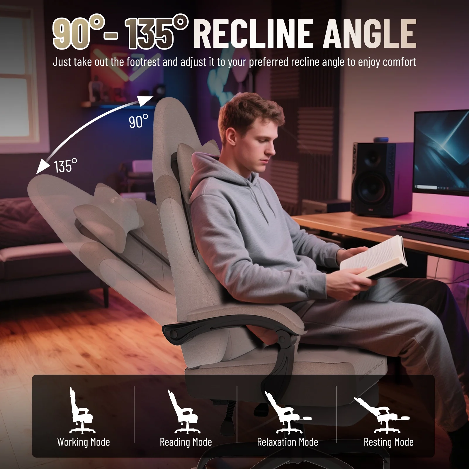 SOONTRANS Gaming Chair for Adults, Ergonomic Linen Fabric Computer Chair with Massage Lumbar Pillow, Gamer Game Chair with Adjustable Headrest, Comfortable Office Chair for Home, White