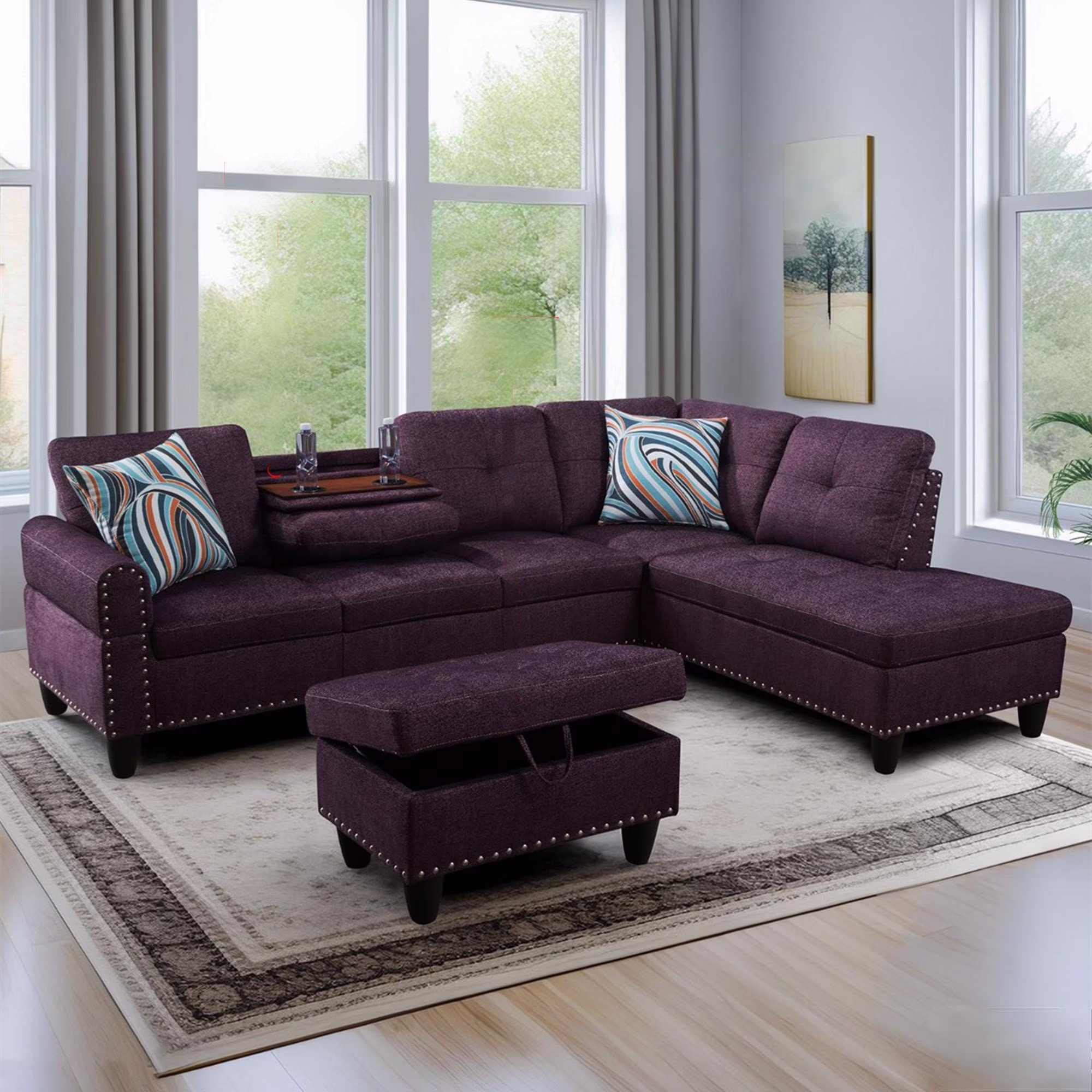 Aukfa 3 Piece Sectional Sofa, Living Room Couch with Storage Ottoman&Cup Holder, Linen, Left Hand, Black Gray