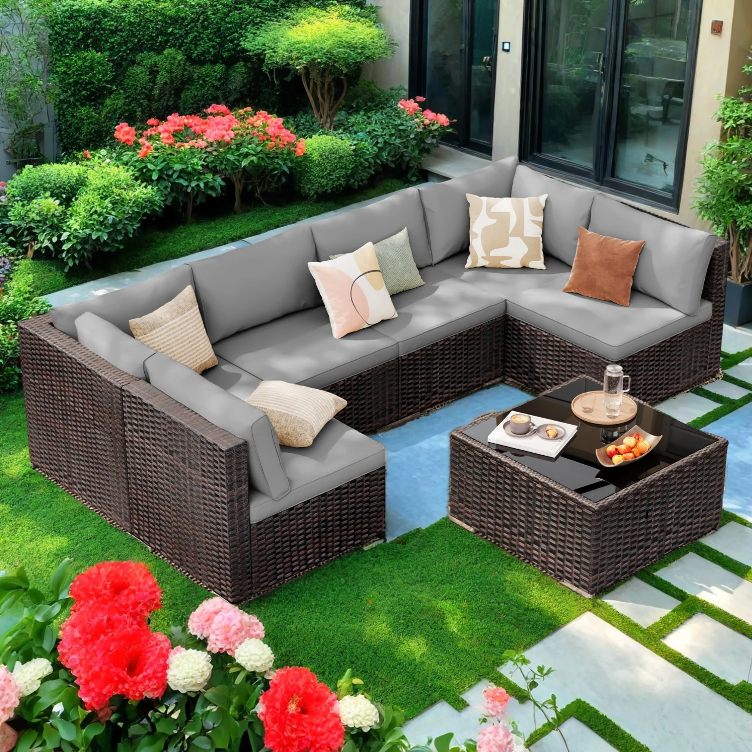 Patio Furniture Set, Lofka 7 Piece Outdoor Sectional Furniture Chair Set with Cushions and Coffee Table, Gray