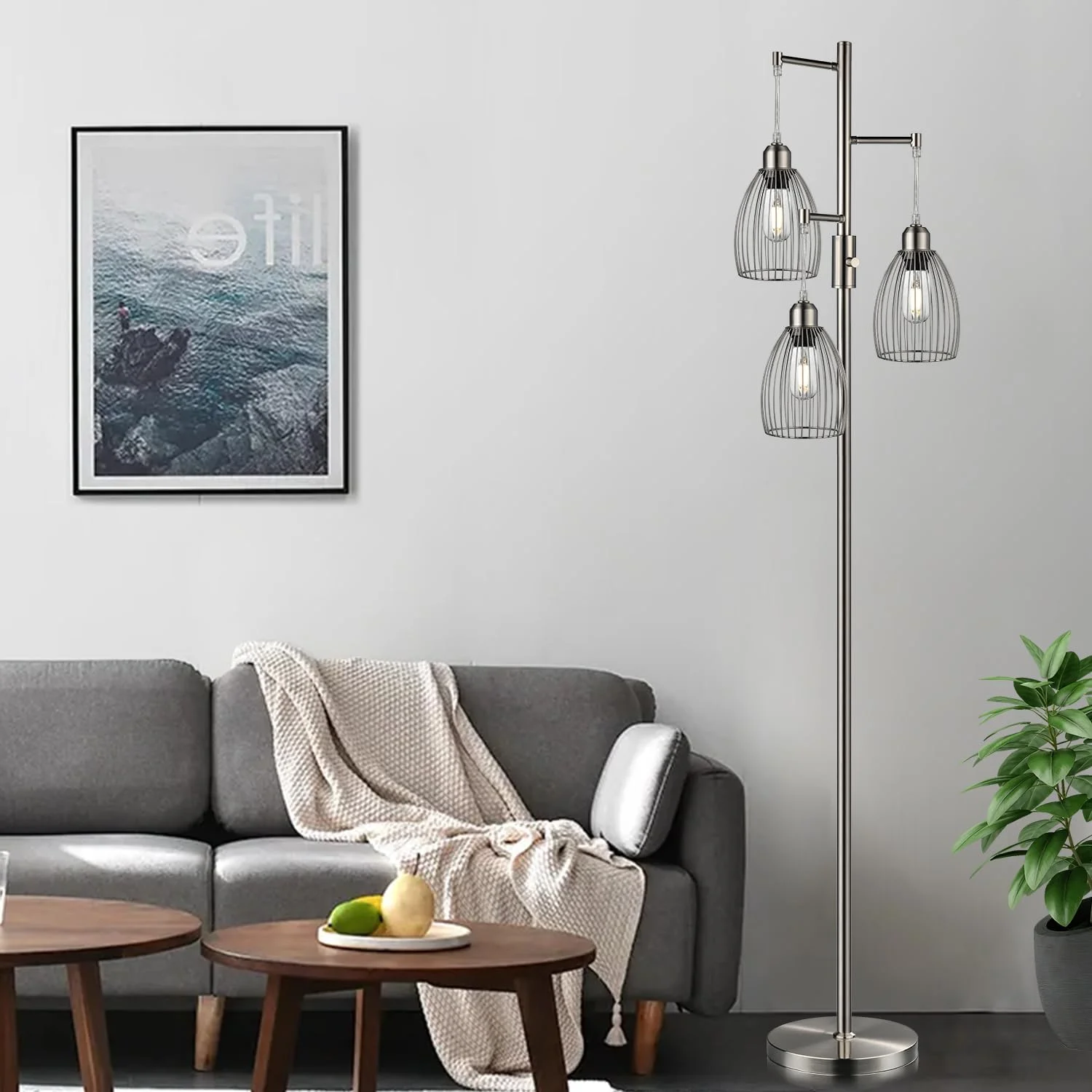 Dimmable Floor Lamp, 3 x 800LM LED Edison Bulbs Included, Farmhouse Industrial Floor Lamp Standing Tree Lamp with Elegant Teardrop Cage Tall Lamps for Living Room Bedroom Office Dining Room