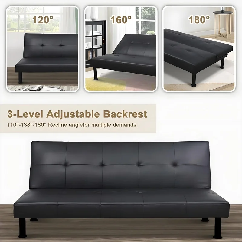 Couches for Living Room Upholstered Convertible Folding Futon Sofa Bed Modern Small Faux Leather Sleeper Sofa Love Seat for Bedroom, Apartment, Black