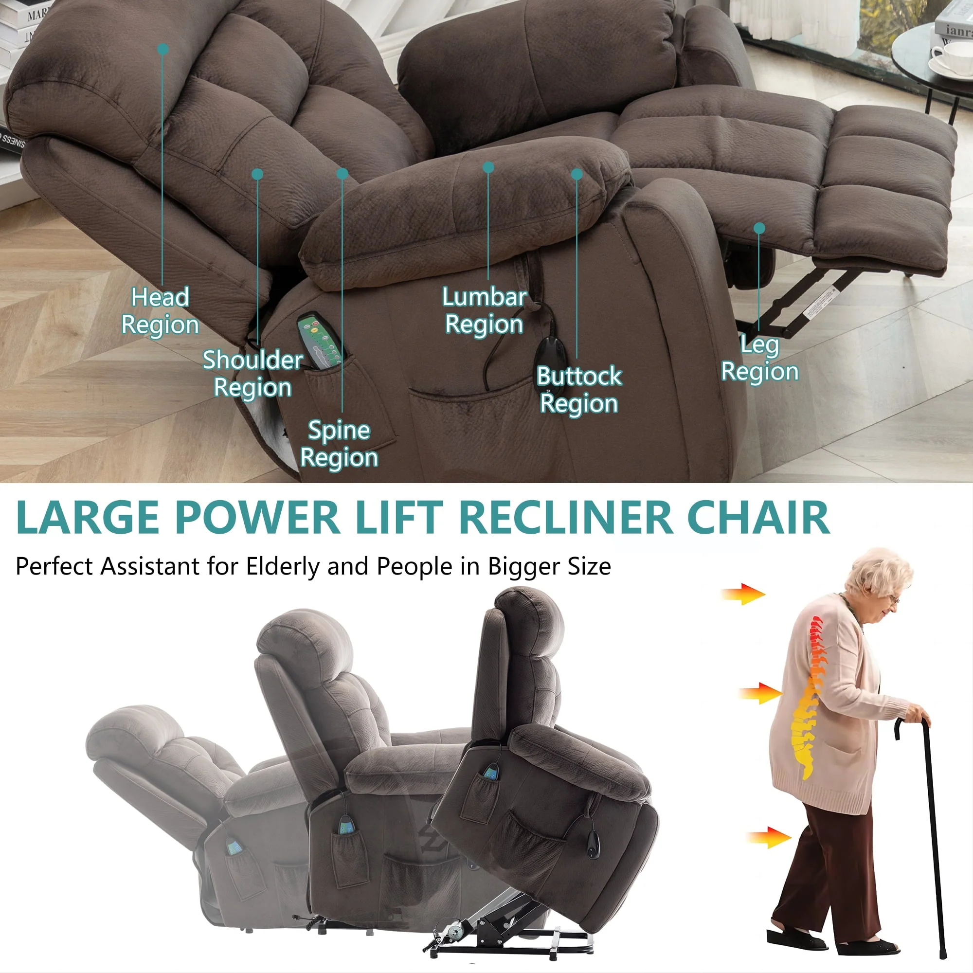 uhomepro Oversized Massage Recliner Chair with Heat, Large Electric Power Lift Recliner Chair for Big and Tall and Elderly with Hidden Cup Holder, 5 Vibration Modes, 330lb, Dark Brown